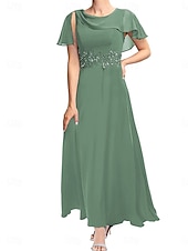 preiswerte Unter 129,99 $-Kleid Brautmutterkleid Elegant Einfach Rundhalsausschnitt Knöchellänge Polyester Kurzarm mit Spitze Einfarbig 2025