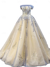 economico Abiti Lunghi &amp; Gowns-Abiti da sposa Abito da ballo Senza Spalle Senza Maniche Strascico a Terra Raso Abiti da sposa Con Pieghe Applicazioni 2025