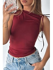 billige Bluser og skjorter-Dame Bluse عادي Fritid Ermeløs Crew-hals Vanlige topper Daglig Ferie Rynket Svart Hvit Gul Rød Brun Sommer