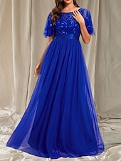 cheap Wedding Guest Dresses-A-Line Wedding Guest Dresses Elegant Dress Wedding Guest Floor Length Short Sleeve Crew Neck Fall Wedding Guest Lace with Glitter Sequin