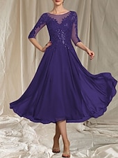 abordables Longueur du thé-Robe de mère de la mariée en A-Line pour invitée de mariage col rond élégant longueur thé chiffon tulle manches demi-longues avec perles appliqués robe midi