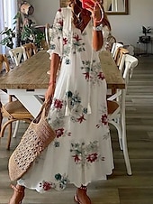 billige Boho-kjoler-Dame Lang kjole Maxikjole Boho-kjole Print kjole Peplum kjoler Romantikk Klassisk Elegant kjole Puffermer Feriereise Ut på byen Vårkjole Løstsittende Grafisk Blomsternål i krystall Halvlange ermer