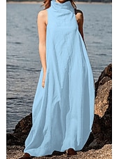 abordables Robes-Femmes Robe Longue Maxi Robe Robes inspirées du lin Robe en coton et lin Mode Classique Moderne Vacances Sortir Week-end Coupe régulière Uni Sans manches Col roulé Noir Kaki Gris foncé Bleu clair Été