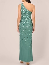 cheap GREEN-Sheath / Column Beaded Gown Celebrity Style Dress Formal Wedding Guest Floor Length Sleeveless One Shoulder Chiffon with Flowers Beading Sequin Slit