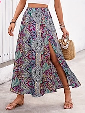 cheap Graphic Skirts-Women&#039;s Skirt A Line Swing Casual Boho Maxi High Waist Skirts Graphic Paisley Print Split Ends Vacation Holiday Blue Purple Summer Polyester