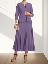 olcso Tea hossza-Két részes A-vonalú menyecske anyukájának ruha Esküvői vendég Elegáns Kerek nyak Tea hosszúságú Chiffon 3/4 Hosszú ujjú Gyöngyözéssel Midi ruha 2025