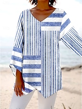 billige Kvinne Striper &amp; Geometriske Topper-Dame Bluse Grafisk Stripet Stilfull Strandstil Kortermet V-hals Vanlige topper Daglig Trykt mønster Rosa Blå Grå Vår Høst