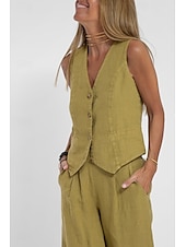 cheap Sets-Women&#039;s Active Basic Linen-Inspired Sets Two Piece Sets Blouse Sleeveless V Neck Solid Color Dubbele Rij Knopen Vacation Casual Daily Black White Wine Summer Regular Fit