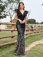 abordables Robes de Soirée-Robe de Quinceanera Sirène  Trompette Élégante Robe Mariage Mariée Invitée Longueur de Sol Sans Manches Col en V Spandex avec Sequins