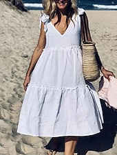 preiswerte Weiße Freizeitkleider-Damen Midikleid Weißes Kleid Casual kleid Sommerkleid Elegant Modern Täglich Sommerkleid Lockere Passform Glatt Einfarbig Ärmellos Tiefes V Schnürkragen Schwarz Weiß Rote Sommer