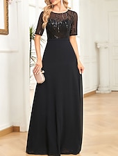 abordables Moins de 129,99 $-Robe pour mère de la mariée élégante robe de soirée décolleté rond longueur sol en chiffon spandex à manches courtes avec sequins