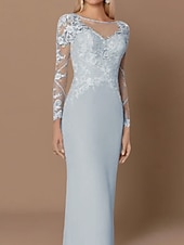 abordables Longueur du plancher-Robe de mère de la mariée en silhouette ajustée pour invitée de mariage élégante transparente col bijou longueur sol dentelle manches longues avec appliques taille personnalisée gratuite