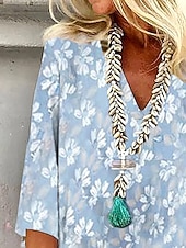 tanie Kwiatowe bluzki-Damskie Bluzka Nadruk Kwiaty Graficzny Elegancki Styl plażowy Krótki rękaw W serek Zwykłe topy Codzienny Jasnoniebieski Lato Wiosna