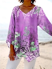 billiga Blommiga toppar-Damblus lång ärm asymmetrisk fåll blommig grafisk elegant hawaiiansk stil kort ärm V-ringad vanliga toppar vardag helg utgående tryck blå lila orange grön sommar vår