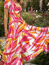 abordables Robes Rayés et Géométriques-Femmes Robe maxi Robe Décontractée Robe trapèze Robe d&#039;été Vacances ancien Ethnique Coupe régulière Graphique Feuille Géométrique Manche Courte Col carré Jaune Rouge Bleu Violet Été Printemps