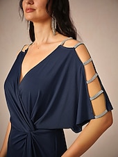 abordables Robe Simple-Femme Robe mi-longue Robe en maille Elégant mode Soirée Rendez-vous Standard Couleur unie Manche Courte Col V bleu marine Eté