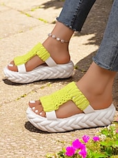 billige Uformelle sandaler-vevde plattformsandaler for kvinner - trendy gule lysbilder med åpen tå, behagelig sommerfottøy for fritids- og ferieklær