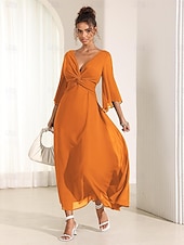 economico Abiti da festa-abito da cocktail per invitati a nozze da donna in chiffon tinta unita con volant intrecciato elegante abito lungo estivo scollo a V svasato manica a 3/4