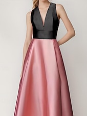 baratos Rosa-Vestido de noite em linha A, elegante, com blocos de cores, costas vazadas, formal, casamento, comprimento até o chão, sem mangas, decote em V, cetim com bolso lateral 2025