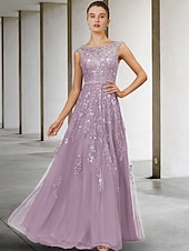 olcso Padlóhossz-A vonalú menyasszonyi anyák ruha esküvői vendég elegáns luxus ékszer nyakú floor length csipke tüll ujjatlan sávval  szalaggal gyöngyözött flitterekkel egyedi méretben