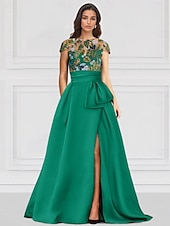 cheap GREEN-Green Floral Embroidered Leaf A-Line Evening Gown Elegant Dress Formal Wedding Floor Length Half Sleeve Illusion Neck Satin with Slit Appliques 2025