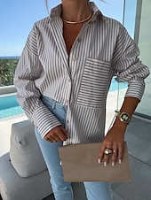 preiswerte T-Shirts-Bluse Damen Rosa Blau Khaki Gestreift Print Vordertasche Täglich Elegant V Ausschnitt Regular Fit S