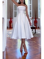 cheap Little White Dresses-Engagement Little White Dresses Wedding Dresses A-Line Sweetheart Sleeveless Tea Length Satin Bridal Gowns With Pleats Solid Color 2025
