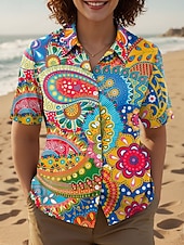 tanie Damskie topy boho-Damskie Koszula Graficzny W Tureckie Wzory Codzienny Elegancki Krótki rękaw Kołnierzyk koszuli Zwykłe topy Codzienny Pomarańczowy Lato Wiosna