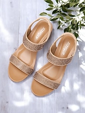 tanie Kobiety-damskie sandały na koturnie z kryształkami – brązowe, odkryte palce, elastyczne paski, wygodne buty na lato, okazje codzienne i eleganckie