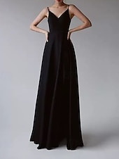 ieftine Rochii de Seară-Rochie de Seară A-Line Rochie Elegantă pentru Petrecere de Seară Lungime până la Pământ Fără Mânecă Decolteu în V Bumbac Fără Spate cu Fisură Mâneci Sifonate