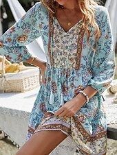 billiga Bohemklänningar-Dam Mini klänning Vardagsklänning Sommarklänning Boho-klänning Mode Utomhus Semester Dagligen Normal Blommig 3/4 ärm V-hals Gul Rodnande Rosa Blå Grön Sommar