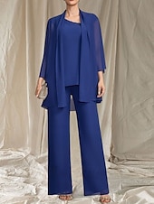 preiswerte Bodenlänge-Jumpsuit  Hosenanzug 3-teilig Kleid der Mutter der Braut Hochzeitsgast Elegantes gewelltes Dekolleté bodenlang Chiffon 3/4-lange Ärmel mit Perlen