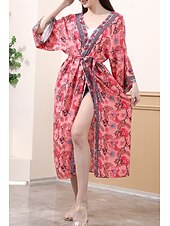 abordables Hauts de plage-Femmes Maillots de Bain Vêtement couvrant Maillot de bain Nœud devant Tropical Tenues de plage Fleur Fil en V manche longue Maillots de bain