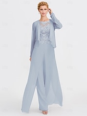 abordables Combinaisons pour maman-Ensemble jumpsuit  pantalon en deux pièces de mariage à la plage mère de la mariée invitée de mariage formelle élégante wrap inclus col bateau longueur sol chiffon manches 3/4 avec appliques 2025