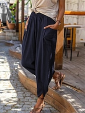 economico Pantaloni-Pantaloni baggy in cotone e lino da donna chinos moda streetwear lunghezza intera vita media tasca semplice elastico comodo morbido confortevole micro-elastico all&#039;aperto street blu uovo di merlo
