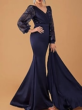 preiswerte BLAU-Trompete / Meerjungfrau Abendkleider Elegant Kleid Leistung Gala Pinsel Schleppe Langarm V Ausschnitt Gürtel / Schärpe Charmeuse mit Glitzer Gerafft Paillette 2025