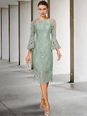 cheap Tea Length-Sheath Mother of the Bride Dress Wedding Guest Elegant Vintage Jewel Neck Tea Length Lace 3/4 Length Sleeve with Sequin 2025 free custom size