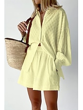 cheap Women’s Short Sets-Women&#039;s Active Basic Shirt Shorts Sets Long Sleeve Shirt Collar Solid Color Dubbele Rij Knopen Holiday Casual Daily Black White Yellow Summer Regular Fit