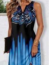 billiga Boho klänningar-Dam Mini klänning Solklänning Skiftklänning Off Shoulder Klänning Semester Ledigt Utomhus Fest Normal Nyans Grafisk Geometrisk Ärmlös V-hals Blå Sommar Vår