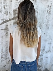 baratos Camisas-Camisola Feminina de Linho e Algodão Top Sem Mangas Cor Sólida Básica Casual Manga Curta Gola Redonda Ajuste Regular Diária Botões Bolsos Branco Azul Marinho Damasco Azul Claro Verão