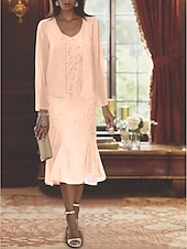 voordelige Met Jas-Strand Bruiloft Twee Delige Zeemeermin Moeder van de Bruid Jurk Formele Bruiloft Gast Elegante Luxe V Hals Thee Lengte Chiffon Mouwloos Wikkel Inclusief met Beading Pailletten 2025 gratis op maat