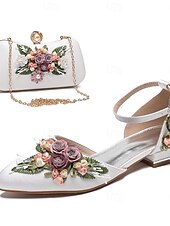 abordables Officiel-chaussures plates blanches brodées de fleurs avec pochette assortie – chaussures de mariage et de mariée élégantes pour femmes