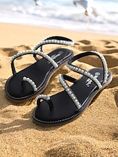 cheap Vacation Sandals-Women&#039;s Pearl Strappy Flat Sandals – Elegant Rhinestone Beach Sandals for Summer, Weddings, and Casual Outings