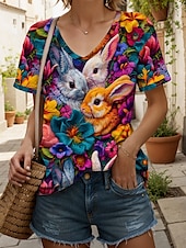 お買い得  イースターTシャツ-イースター 女性用 ブラウス フラワー グラフィック 動物 カジュアル 半袖 Ｖネック レギュラートップス 日常 プリント レインボー 夏 春