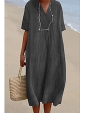 abordables Robes-Femmes Robe Midi Robes en coton et lin Robe en coton et lin Mode Classique Moderne Vacances Quotidien Fête Coupe régulière Uni Manche Courte Col en V Vert Claire Rose Claire Bleu Vert Été