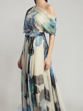 abordables BLEU-Robe de soirée en A élégante robe formelle de bal longueur au sol sans manches épaule dénudée chiffon avec imprimé floral robe invitée de mariage 2025