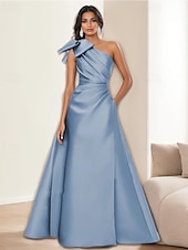 baratos Vestidos de Noite-Vestido de Festa à Noite em A-Line Vestido Elegante Formal de Festa à Noite Comprimento de Chão Sem Mangas Um Ombro Satin com Laço(s) e Pregas
