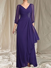 economico Lunghezza del pavimento-Linea ad A Abito da cerimonia per signora Ospite di nozze Elegante Scollo a V Lunghezza al pavimento Chiffon Manica 3/4 con Perline Arricciatura 2025