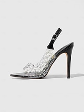 economico Sandali Eleganti-tacchi alti con cinturino posteriore in strass trasparenti neri – sandali stiletto sexy per serate e balli di fine anno