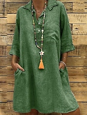 economico disegnare abiti in cotone e lino-Per donna Mini Abito Abiti ispirati al lino Abito in cotone e lino Classico Quotidiano Ferie Uscire Vestibilità regolare Semplice Manica 3/4 Colletto a Camicia Nero Verde Cachi Grigio Estate